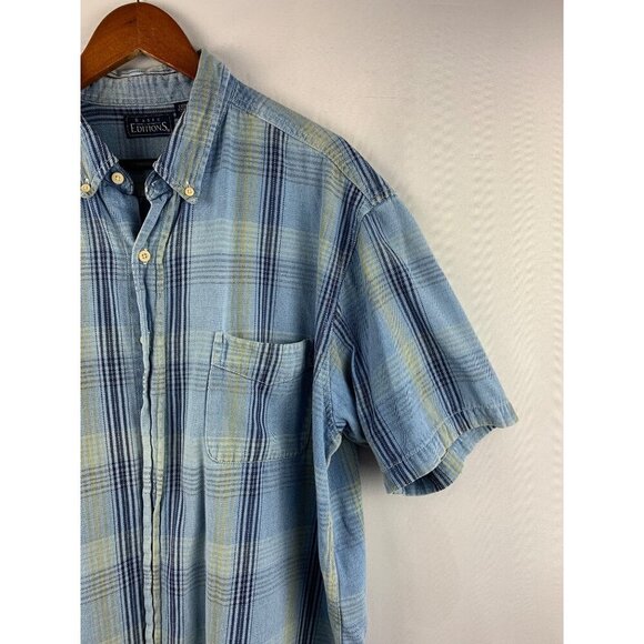 Basic Editions Mens XL Plaid Short Sleeve Button-Down Shirt Blue & Yellow - Picture 2 of 5